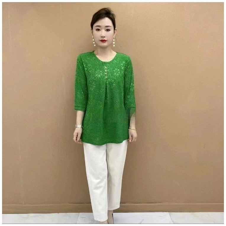 Three-quarter Sleeve Round Neck Jacquard Loose Oversized Shirt