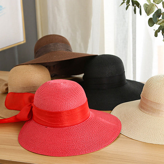 Women's Bow Big Brim Foldable Sun Straw Hat Sunscreen