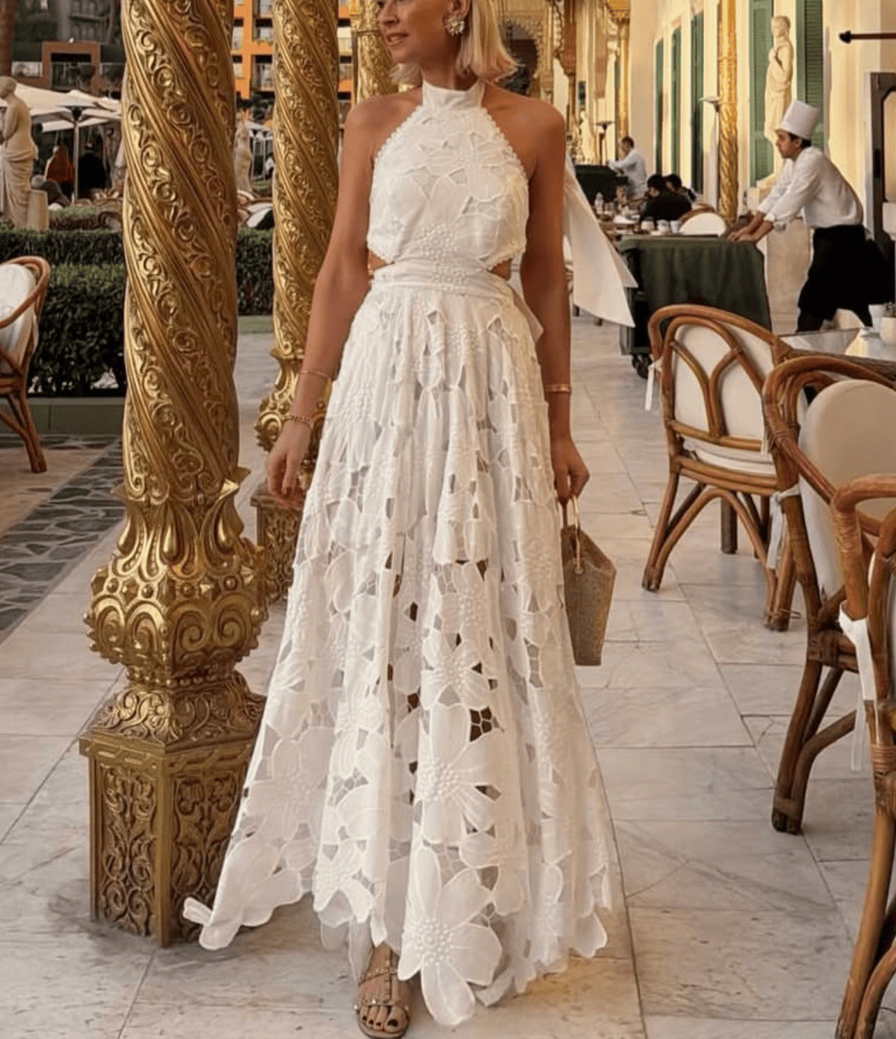 Lace Hollow-Out Crochet Halter Neck Backless Dress
