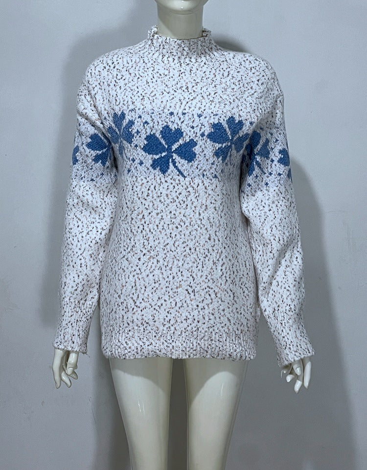 Embroidered Jacquard Pullover Loose Bottoming Shirt Mock Neck Sweater Coat