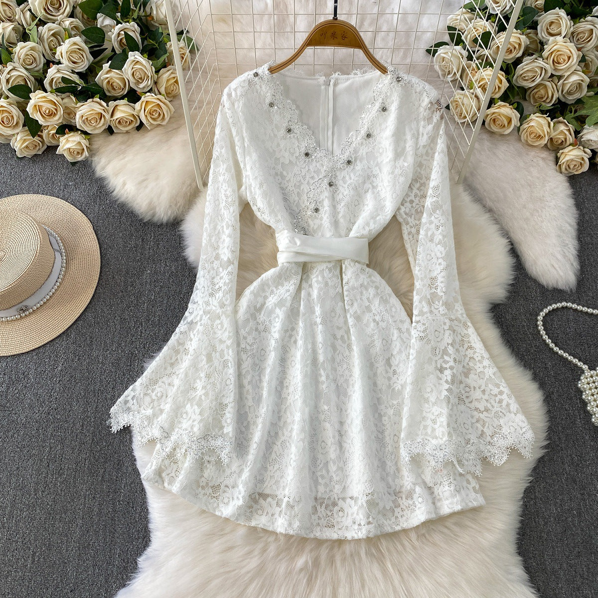 Flocked Lace V-Neck Dress With Diamond Embellishments