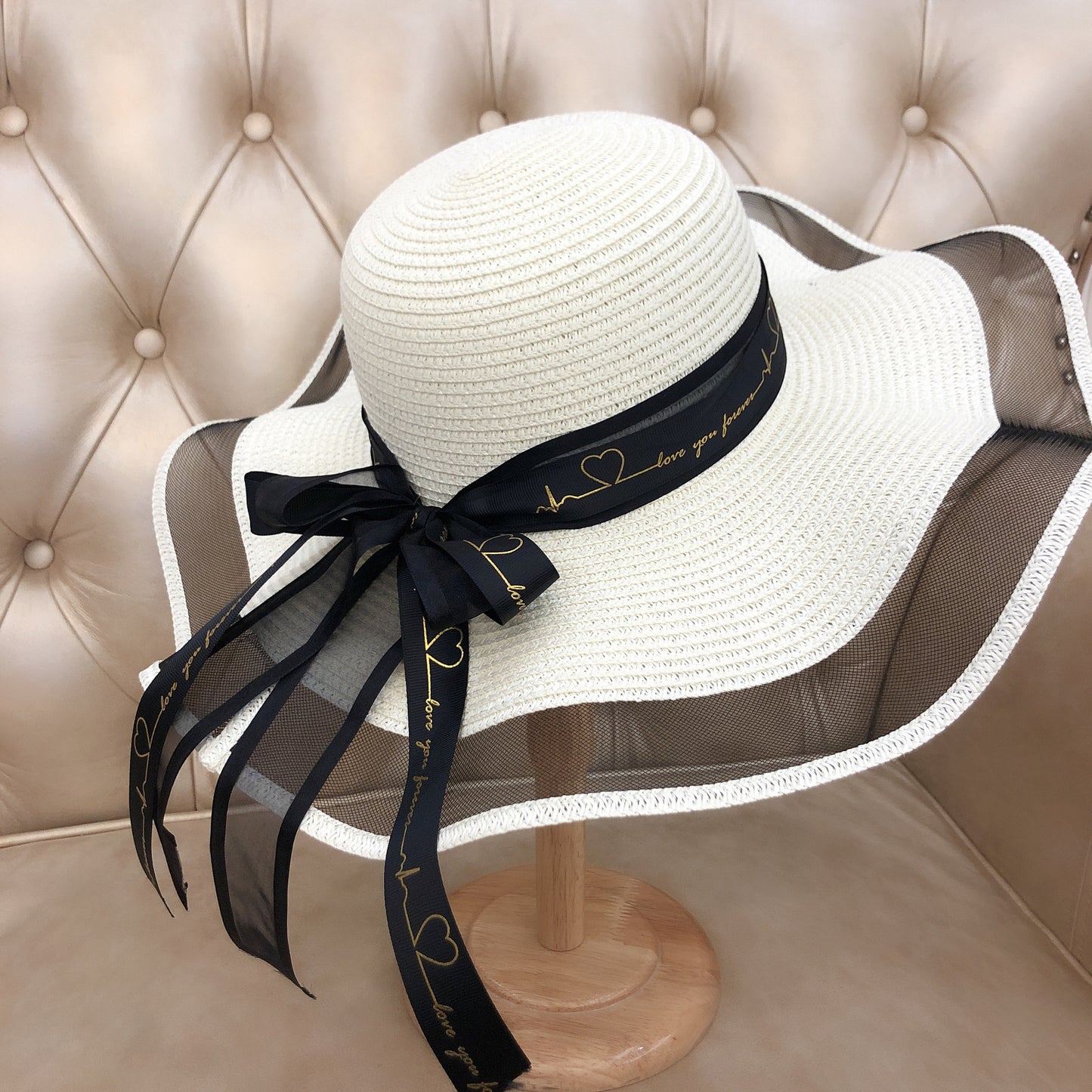 Women's Korean Version Letter Bow Streamer Romantic Mesh Sun Hat