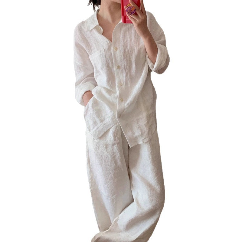 Linen-cotton White Shirt And Pants Set For Women