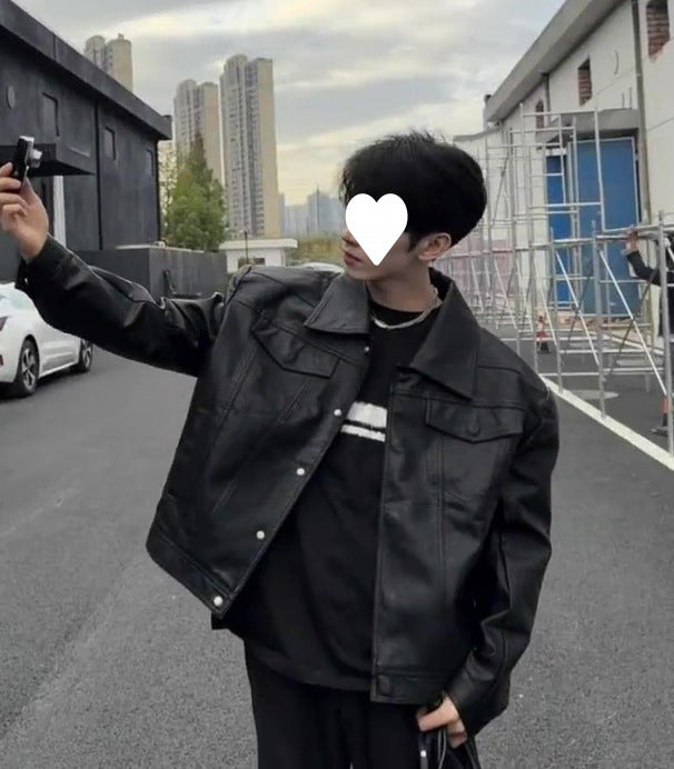 Black Cropped Leather Coat Men's Trendy PU Leather Jacket For Spring And Autumn Padded Shoulder With Large Lapel Motorcycle Clothing