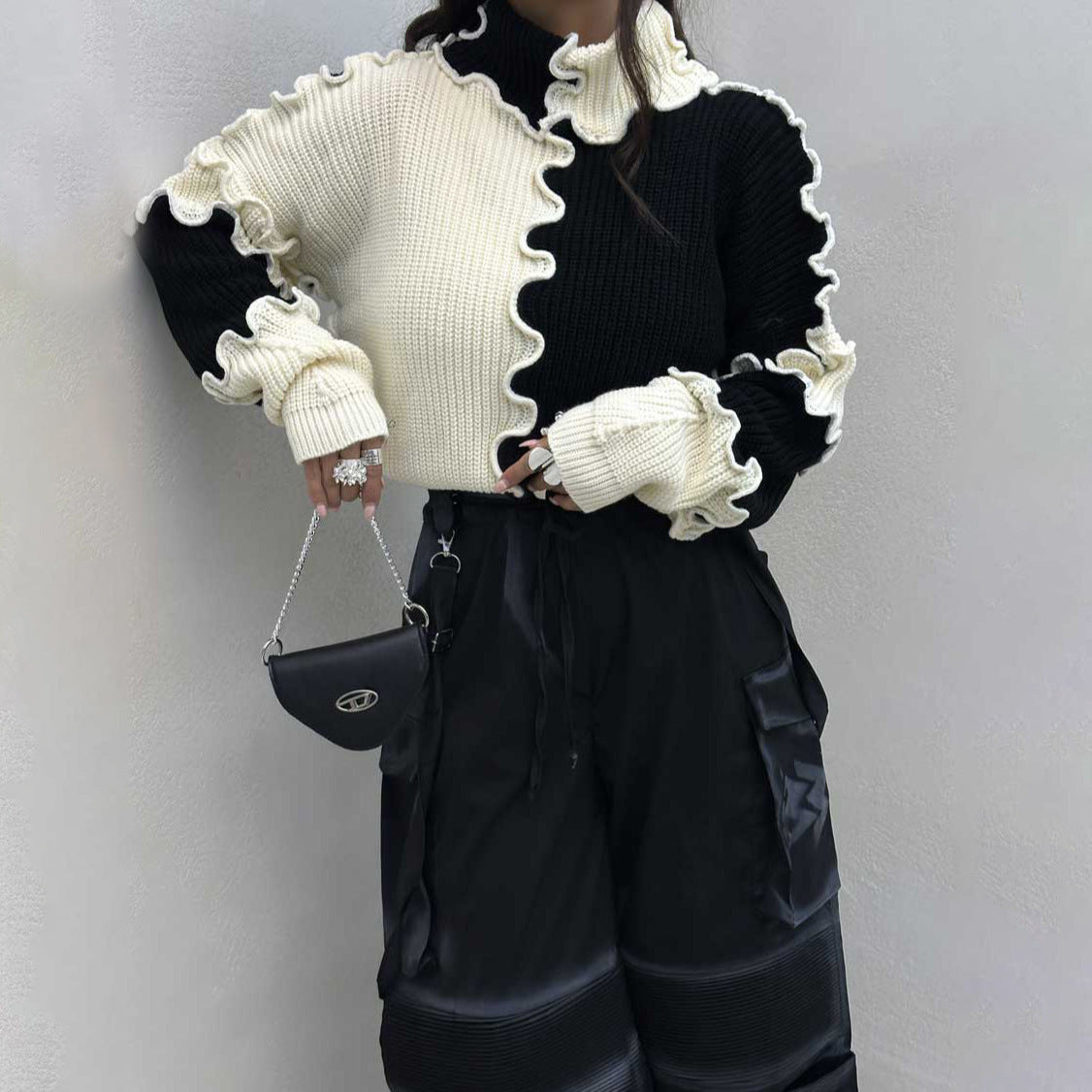 Fashionable Stringy Selvedge Large Color Block Contrast Color Sweater