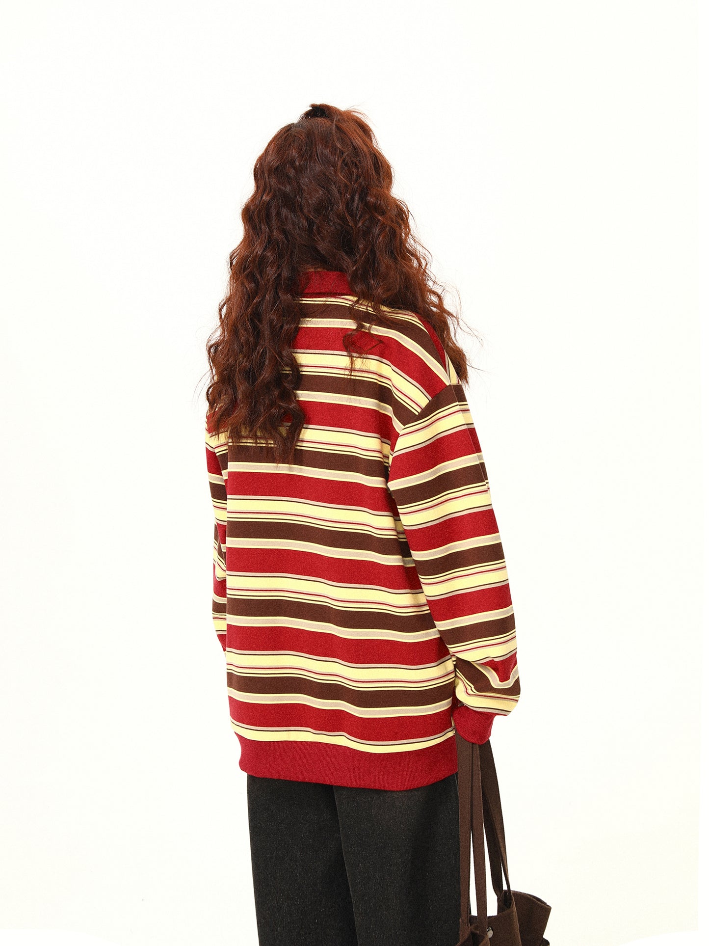 Vintage Matcha Green Striped Sweater Polo Collar Jacket