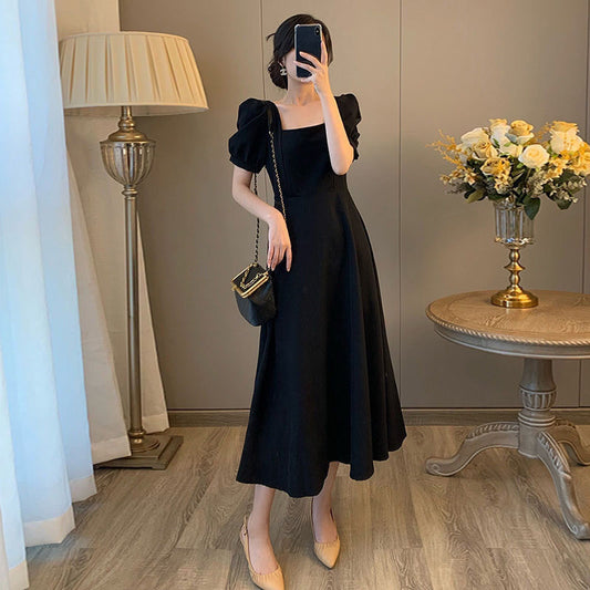 French Vintage Square Neck Wrapped Waist Slim Dress