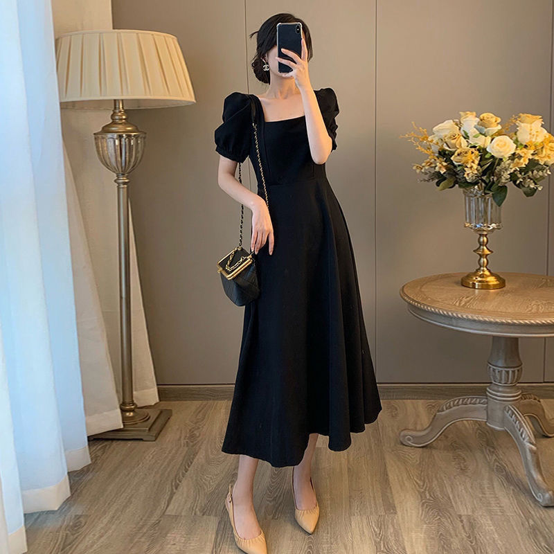 French Vintage Square Neck Wrapped Waist Slim Dress