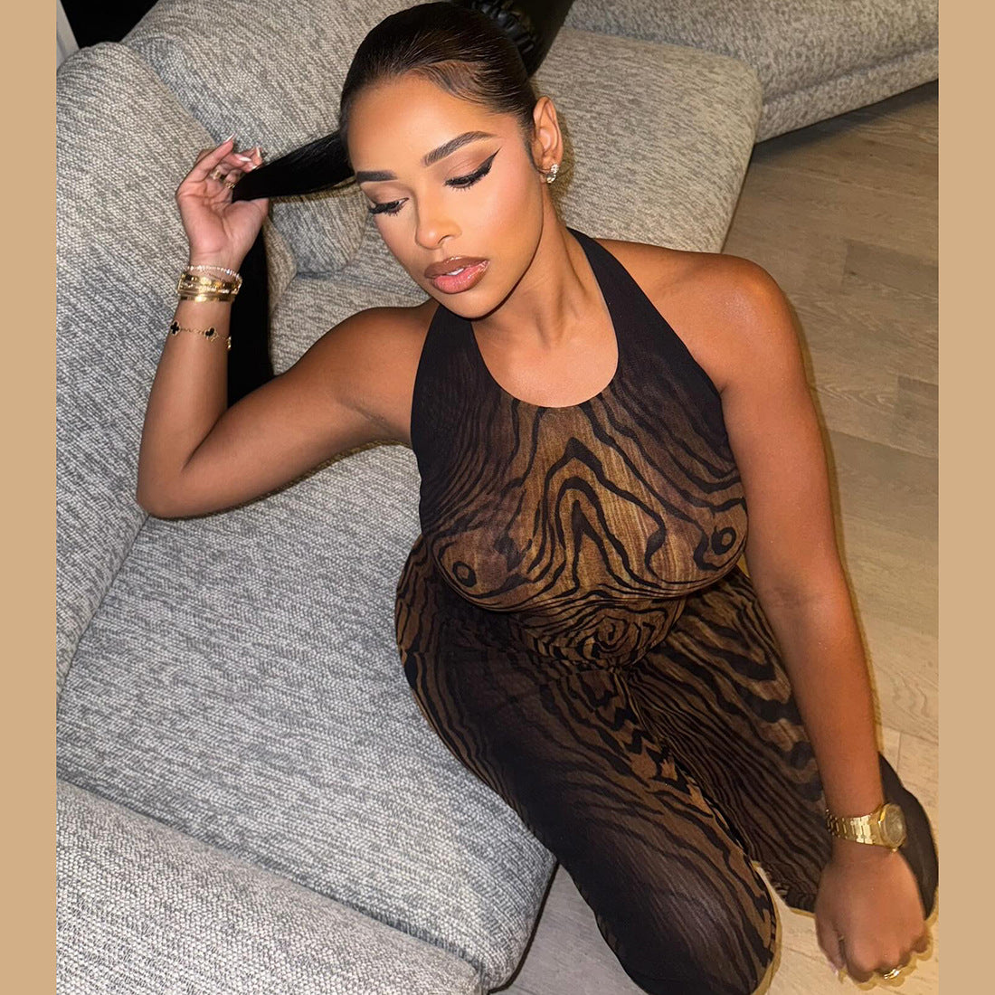 Printed Sleeveless Top Tight Trousers Suit For Women