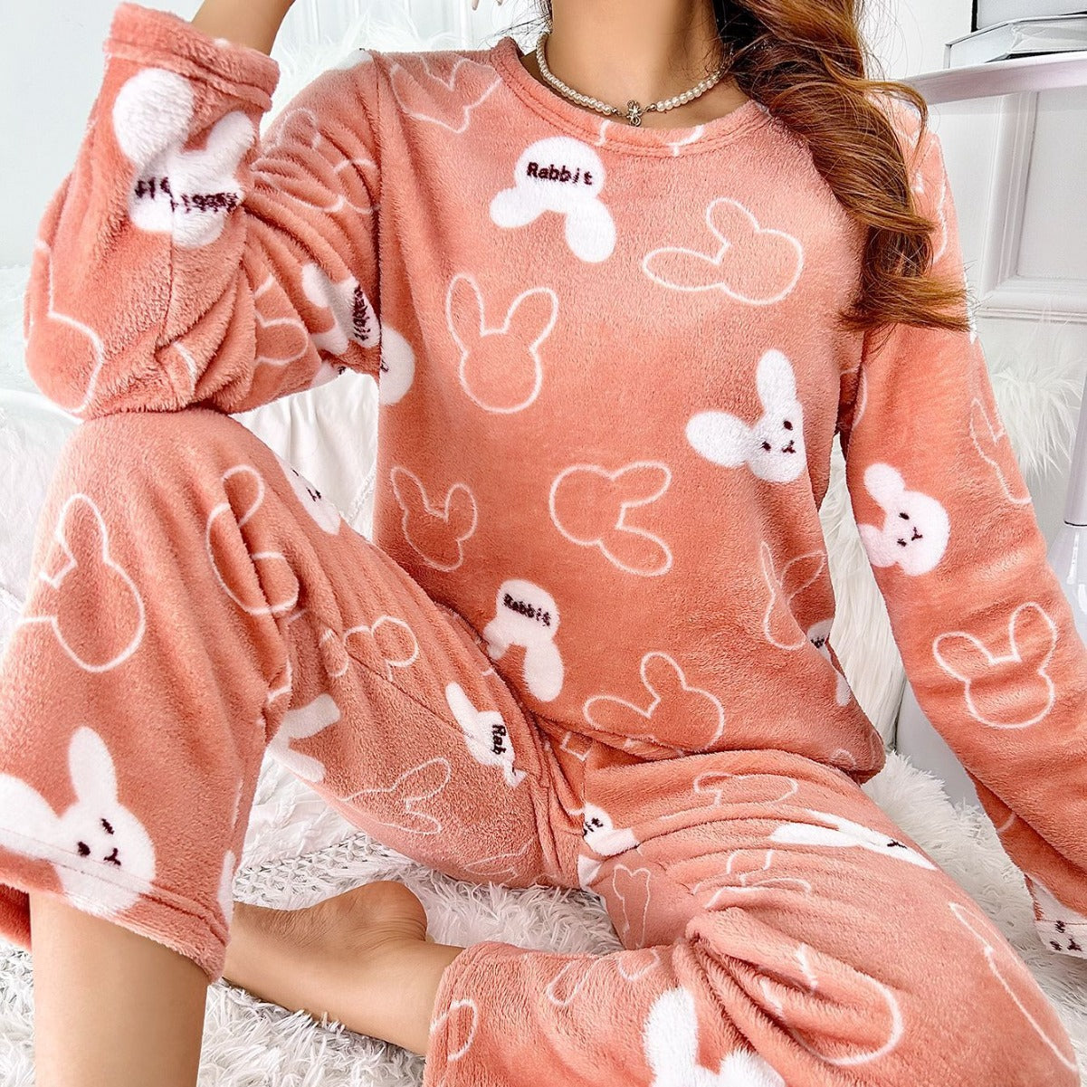 Womens Flannel Cartoon Rabbit-Print Long-Sleeve Pajama Set With Long Pants