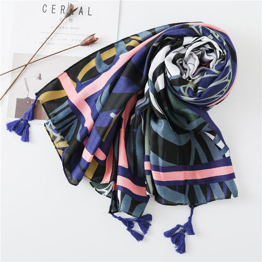 Leaf Painted Cotton And Linen Scarf Dual-use Sunscreen