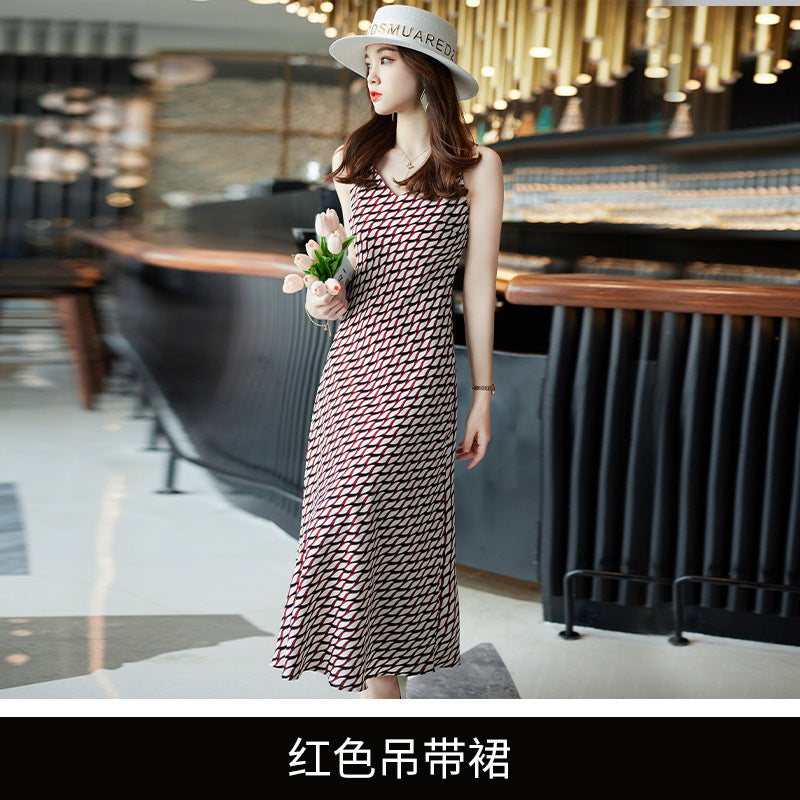 Women's Retro Print Mid-length Suspender Skirt