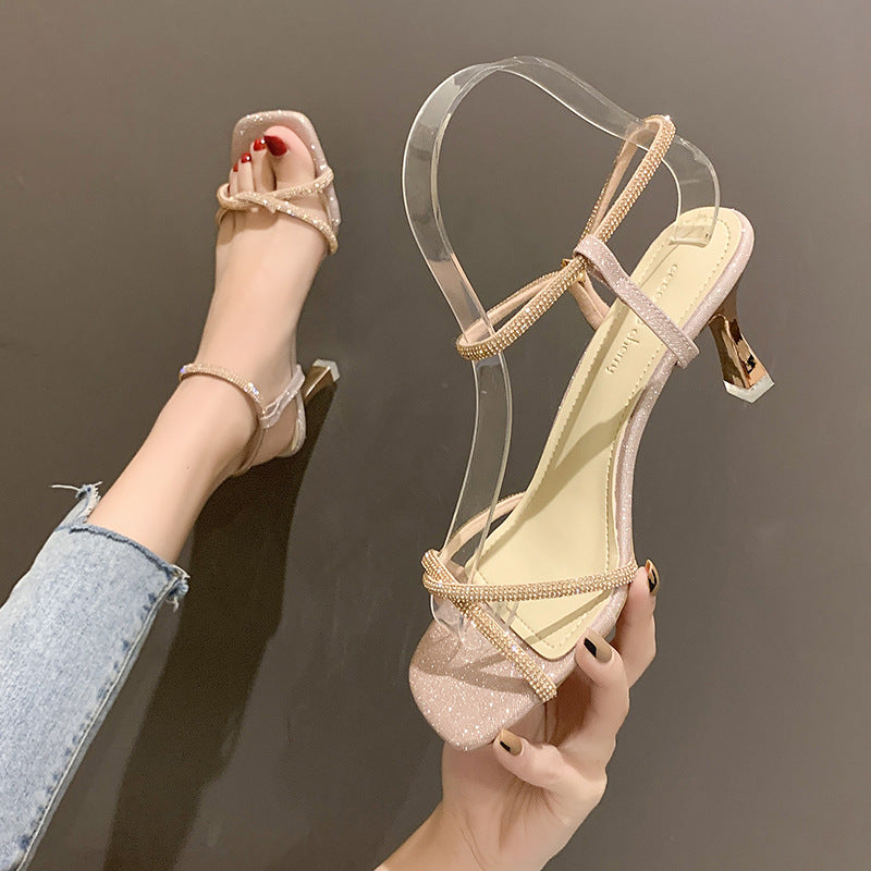 Women's Cross Buckle Rhinestone High Heel Sandals