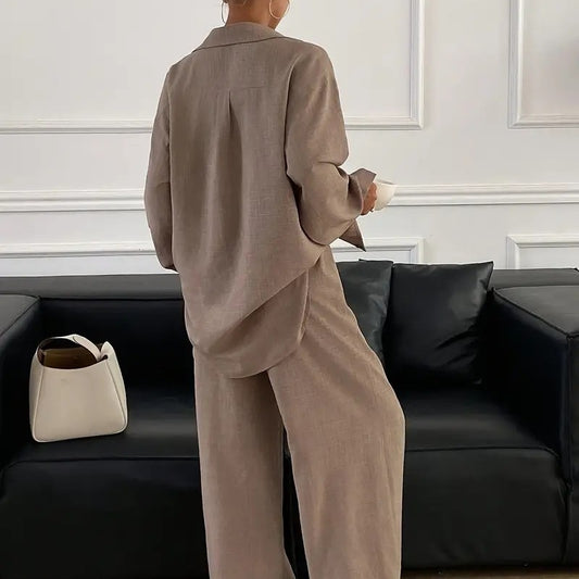 Loose Profile Long Sleeve Shirt High Waist Drooping Wide Leg Pants Two-piece Set