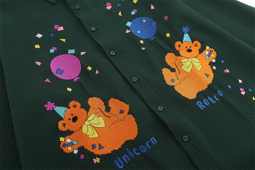 Street Fashion Japanese Bear Embroidery Long Sleeve Shirt