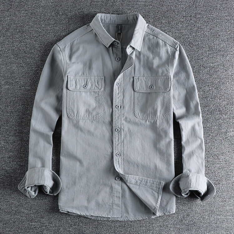 Simple Lapel Art Workwear Shirt Men's Washed Breathable Comfortable All-match Youth Long Sleeve Shirt
