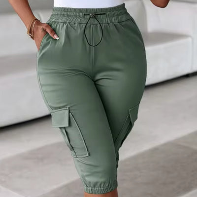 Khaki Casual Patch Pocket Elastic Cropped Pants