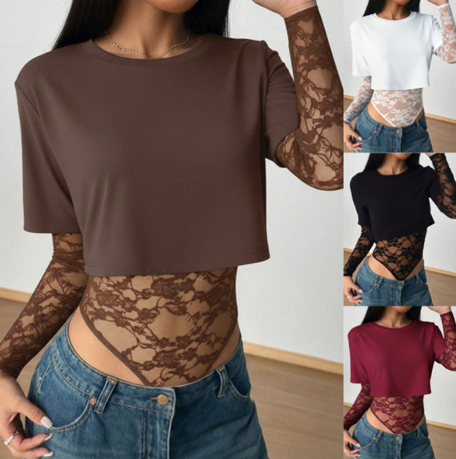 Womens Solid-Color Midriff-Baring Slim-Fit Lace Patchwork Jumpsuit