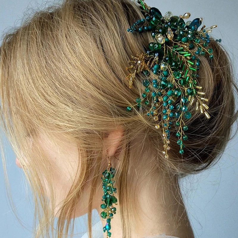 Special Handmade Green Crystal Headbands For Women Bride Lon