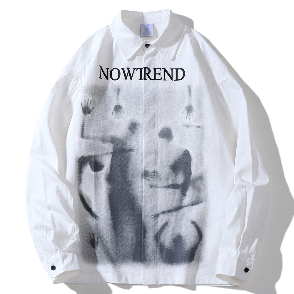 Figure Printed Long-sleeved Shirt Men's Ins European And American Fashion Brand Loose Abstract Pattern Lapel Shirt