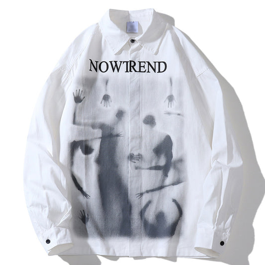 Figure Printed Long-sleeved Shirt Men's Ins European And American Fashion Brand Loose Abstract Pattern Lapel Shirt