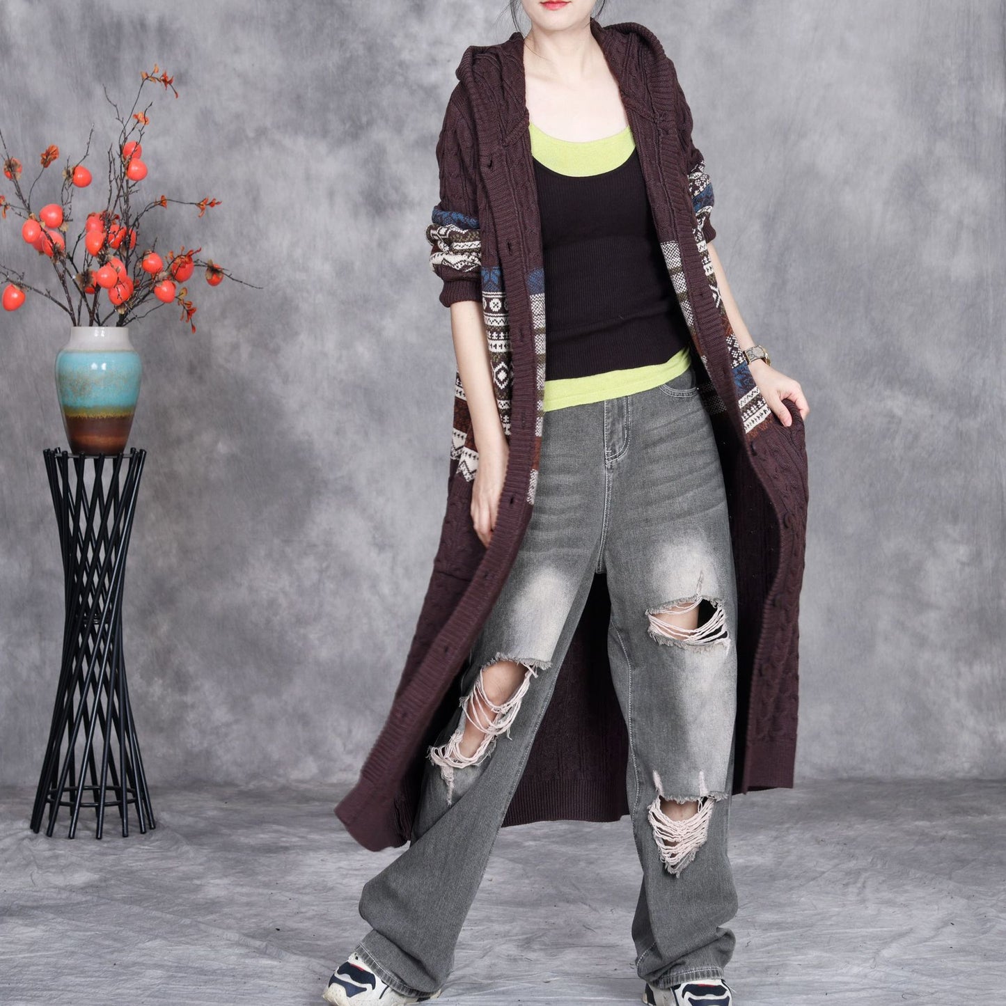 Retro Artistic Knitted Cardigan Woven Flower Long Hooded Overknee Sweater Coat