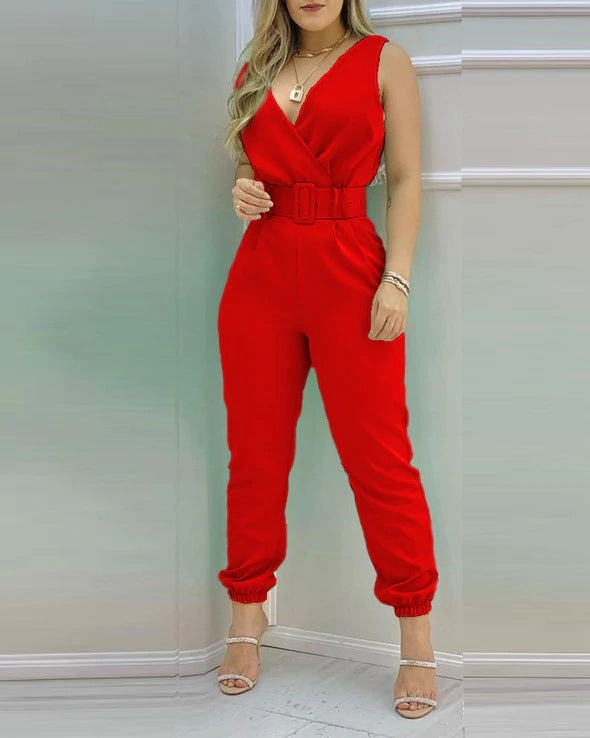 Jumpsuit til kvinder med V-udskæring, bar ryg og printet høj talje