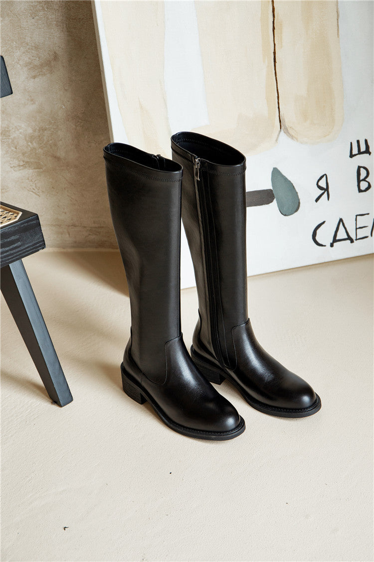 Autumn And Winter New Thick Mid-heeled Net Celebrity Same Style Stretch Boots Women