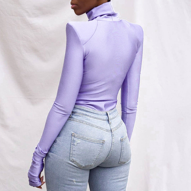Solid Color Bottoming Women's Heaps Collar Long Sleeve Finger Stall Tight Jumpsuit