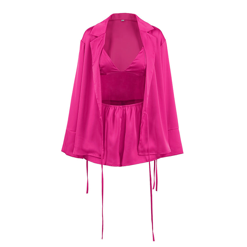 Satin Look Loose Fitting Long Sleeve Underwear And Shorts Three Piece Set Loungewear