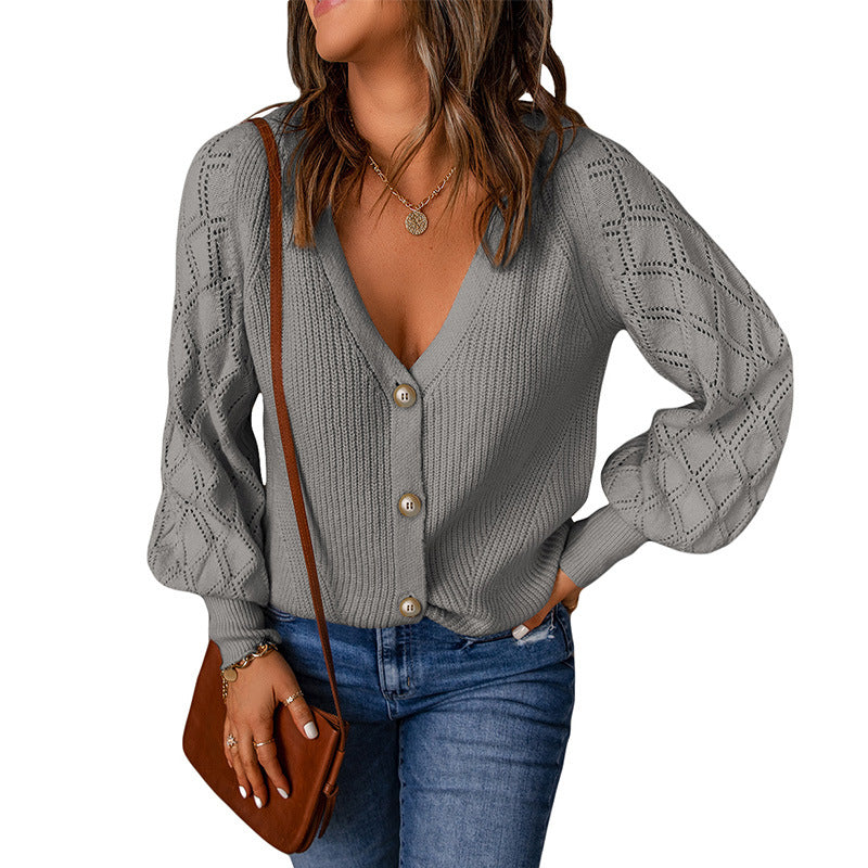 Women's Solid Color Rhombus Puff Sleeve Knitted Sweater Coat