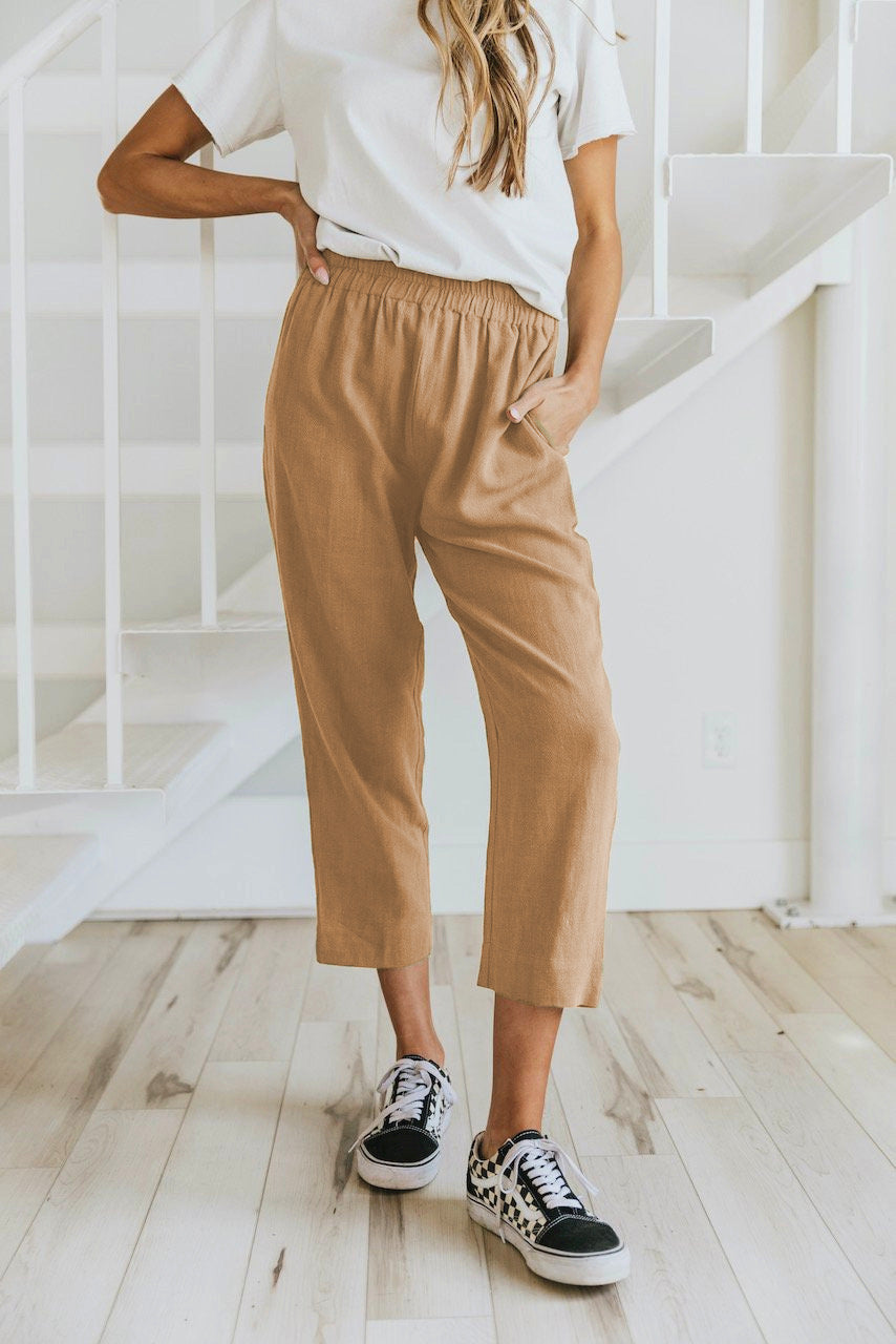Solid Color Casual Elasticated High-waist Cropped Trousers