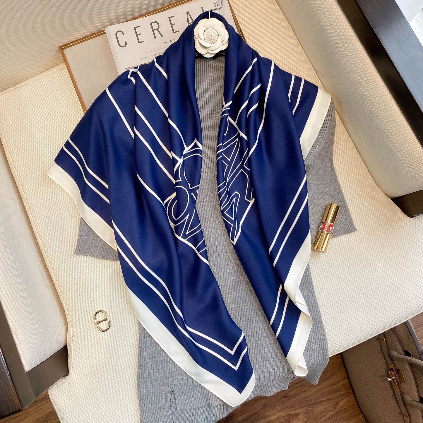 Spring Summer Geometric Pattern Blue Plain Print Scarf