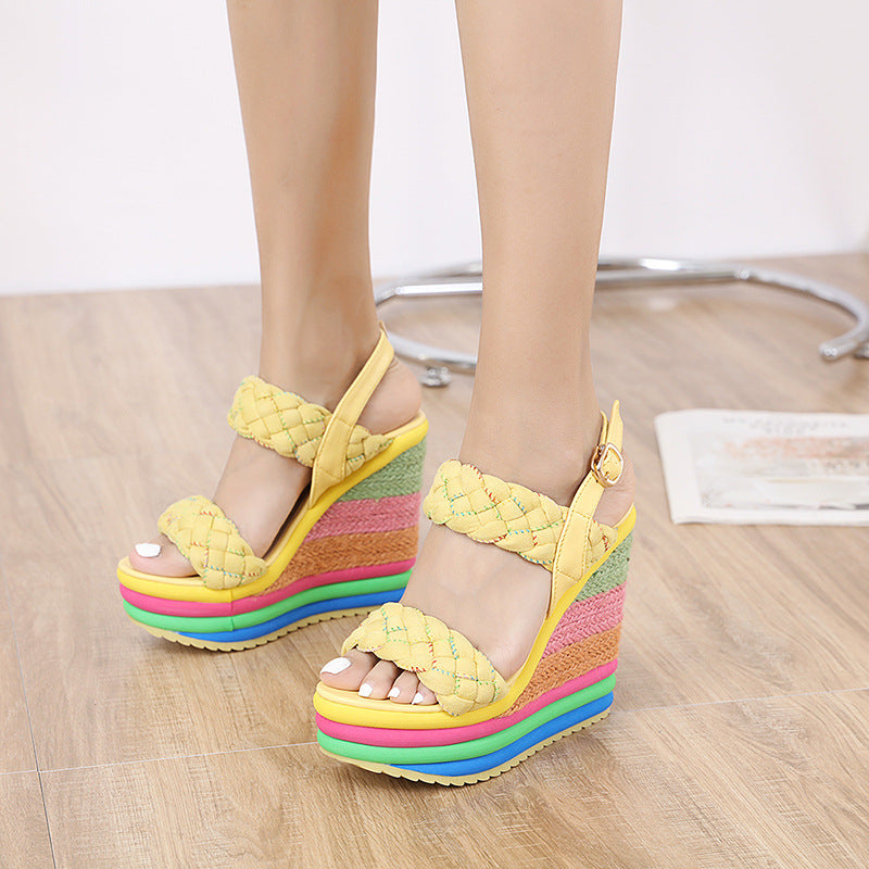 Super High Heel Sandals Rainbow Straw Muffin Candy Color