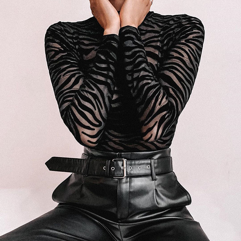 European And American Women's Irregular Striped Blouse, Autumn And Winter Fashion Sexy See-Through Long-Sleeved Slim Casual Bottoming Bodysuit