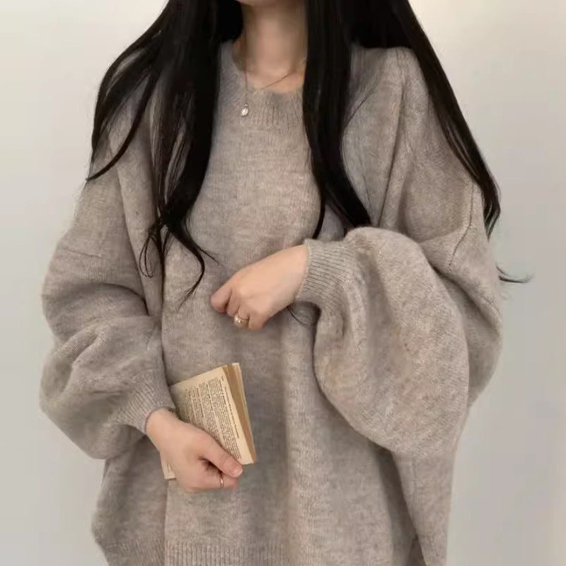 Round Neck Soft Glutinous Loose All-match Side Slit Thermal Sweater For Women