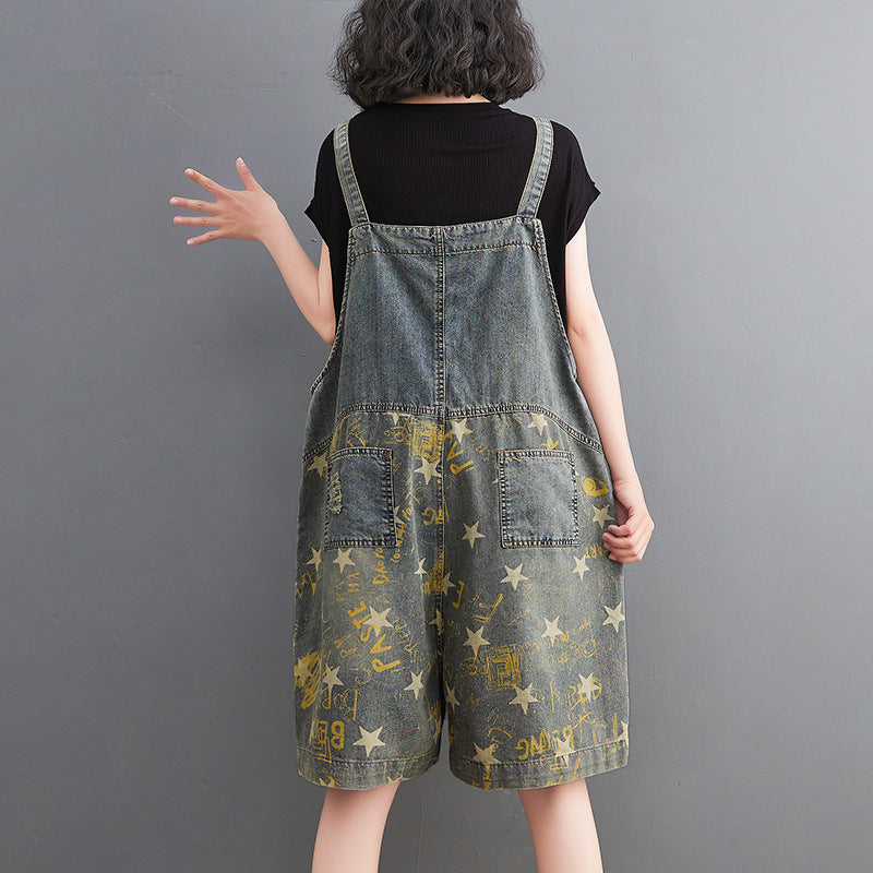 Fat Sister Nostalgic Pentagram Print Denim Bib Shorts
