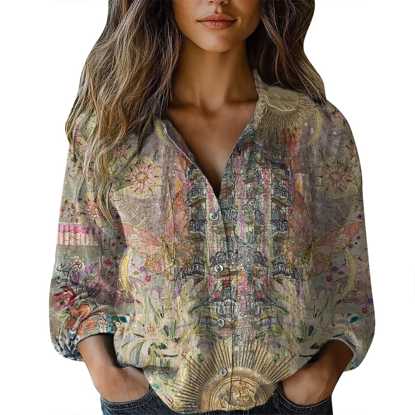 Womens V-neck Printed Blouseshirt