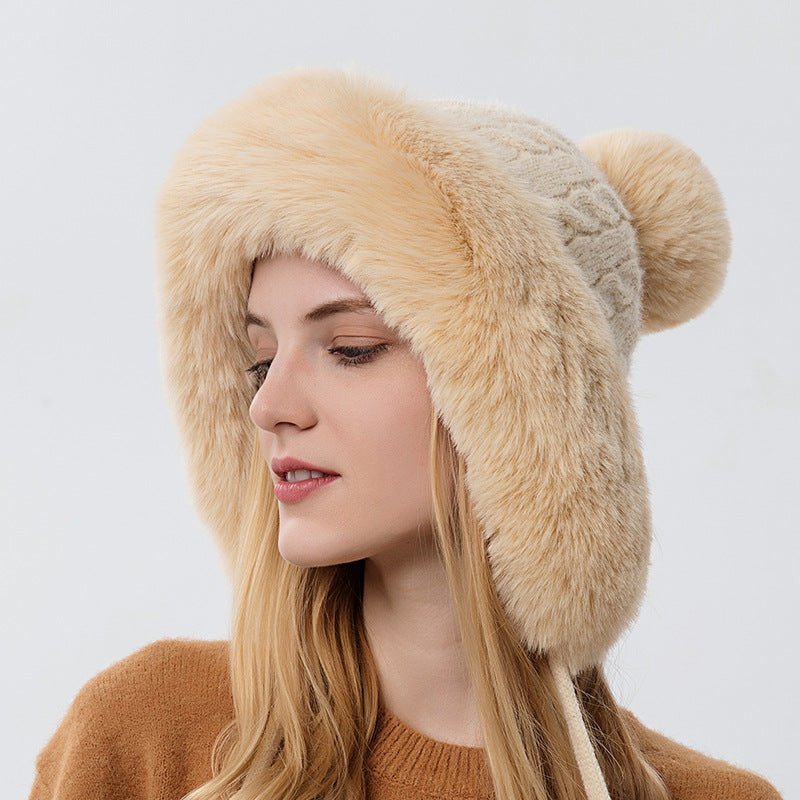 Three Fur Balls Outdoor Thickening And Fleece Cold Proof Warm Solid Color Knitted Hat
