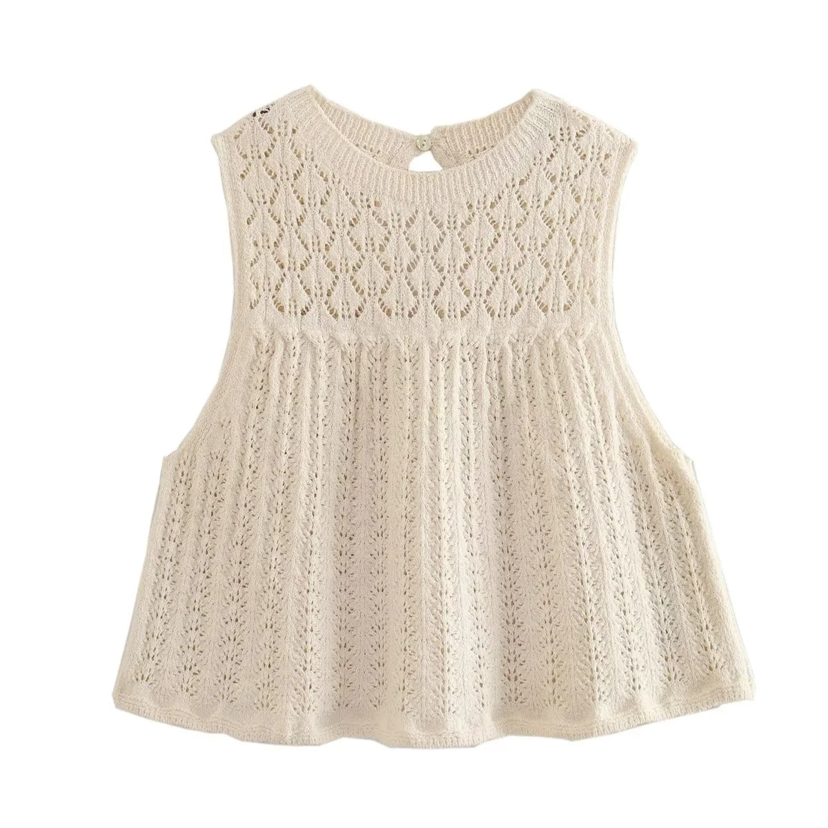 Round Neck Jacquard Mesh Hollow Out Sleeveless Knitted Top Drawstring Knitted Skirt Suit Women