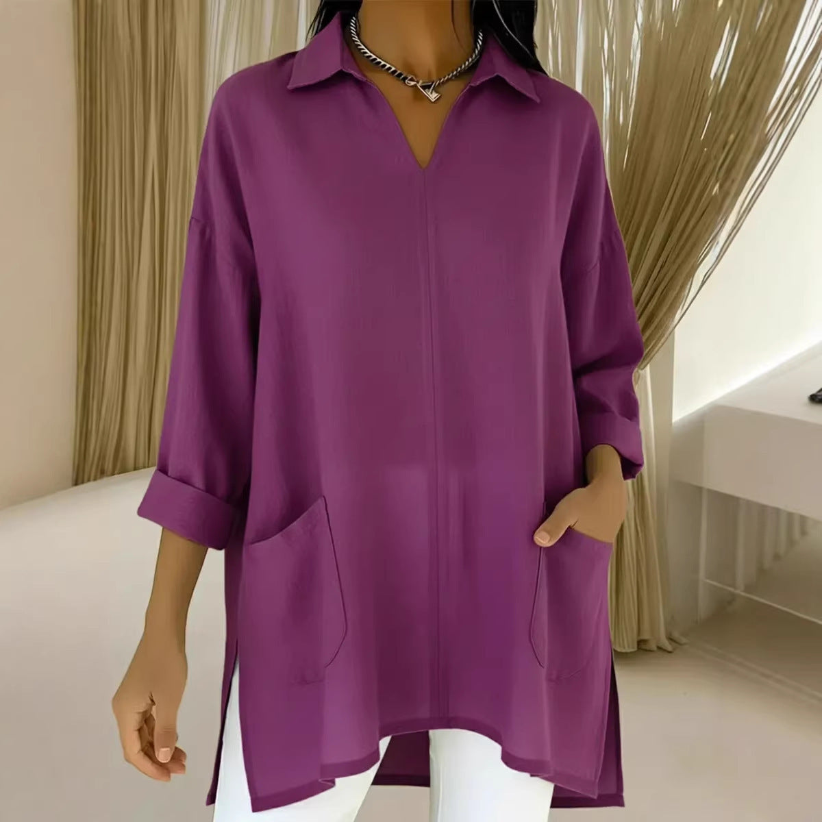 Womens Fashion Solid-color Pocket Shirt With A Loose-fitting Collar