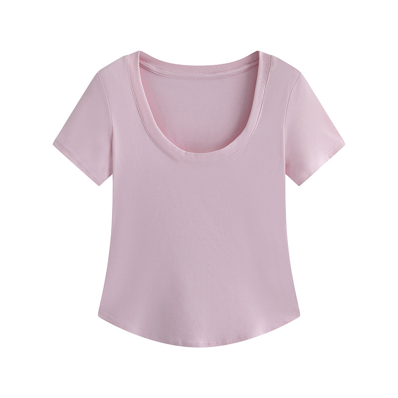 Slightly Chubby Mm Front Shoulder Slim Fit And Slimming Large U-neck Short Sleeved Shirt