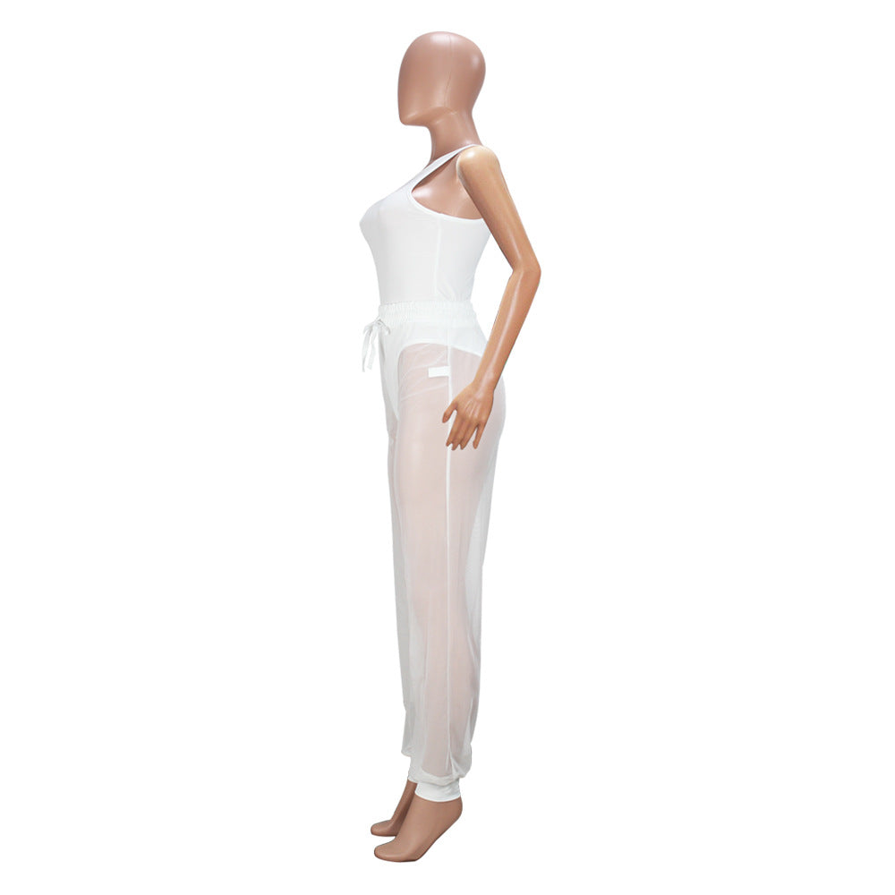 European And American Style Lace-up  See-through Trousers Mesh Trousers