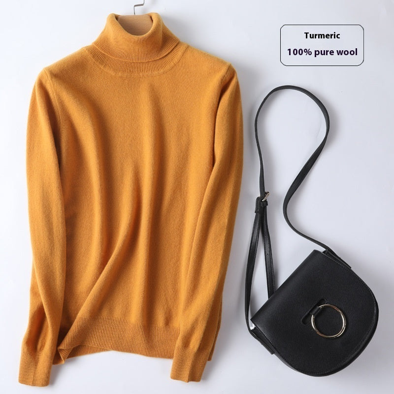 Pure Wool Sweater Women's Turtleneck Pullover Solid Color Loose Short