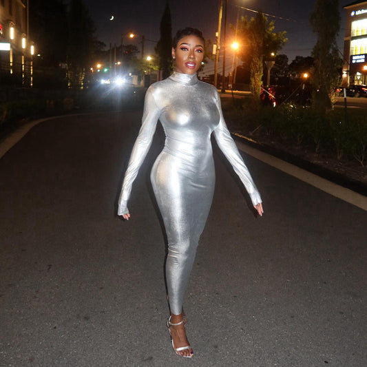 Turtleneck Long-sleeve Waist-cinching Sheath Dress