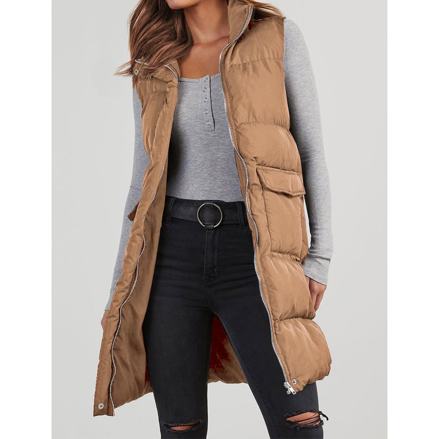 Polyester Hooded Single-breasted Mid-length Cotton Clothing Vest