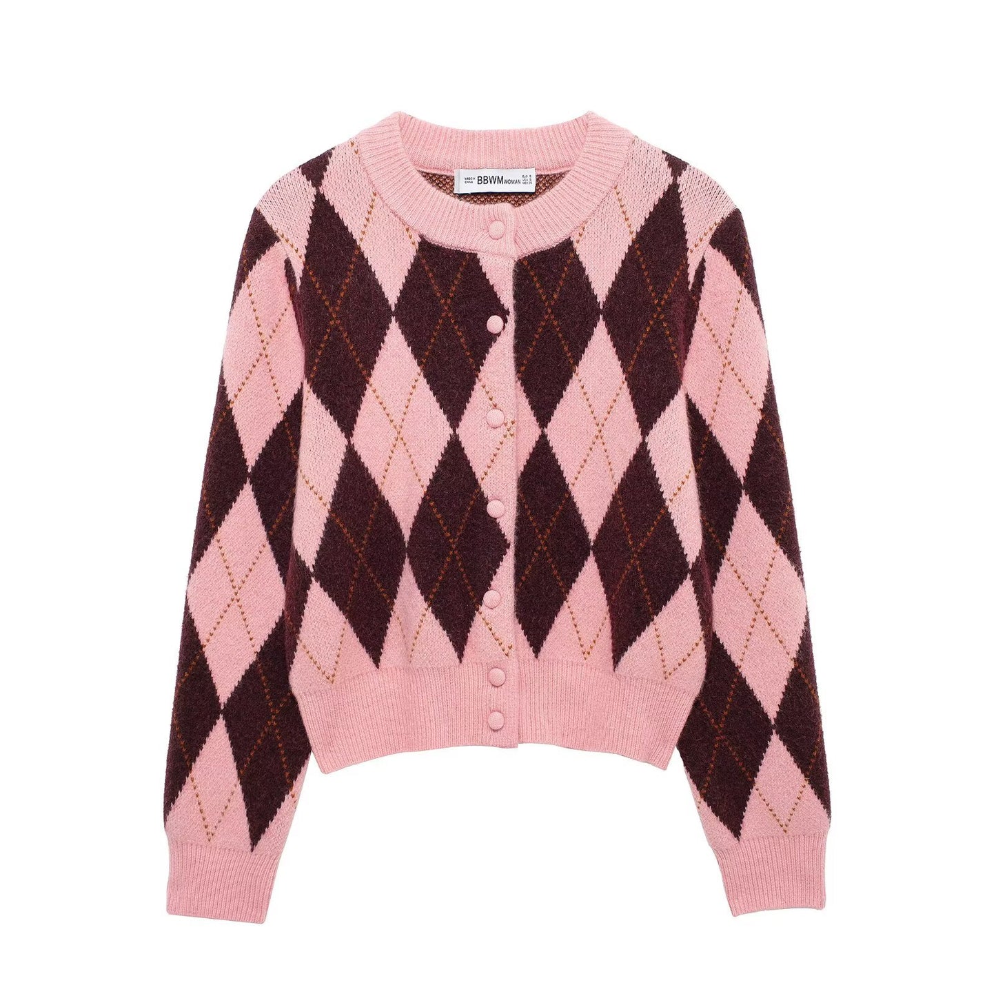 Rhombus Jacquard Round Neck Knit Casual Coat