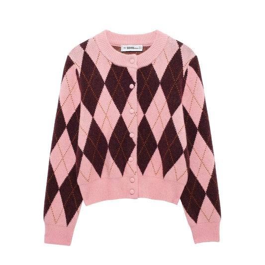 Rhombus Jacquard Round Neck Knit Casual Coat