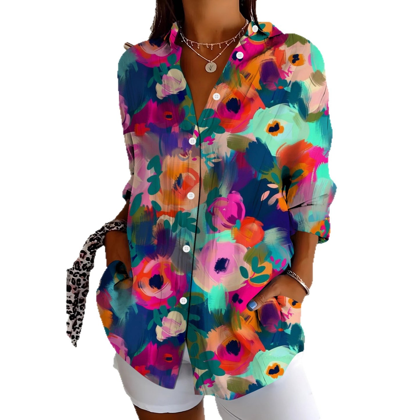Womens Vibrant Colorful Floral-patterned Long-sleeve Shirt