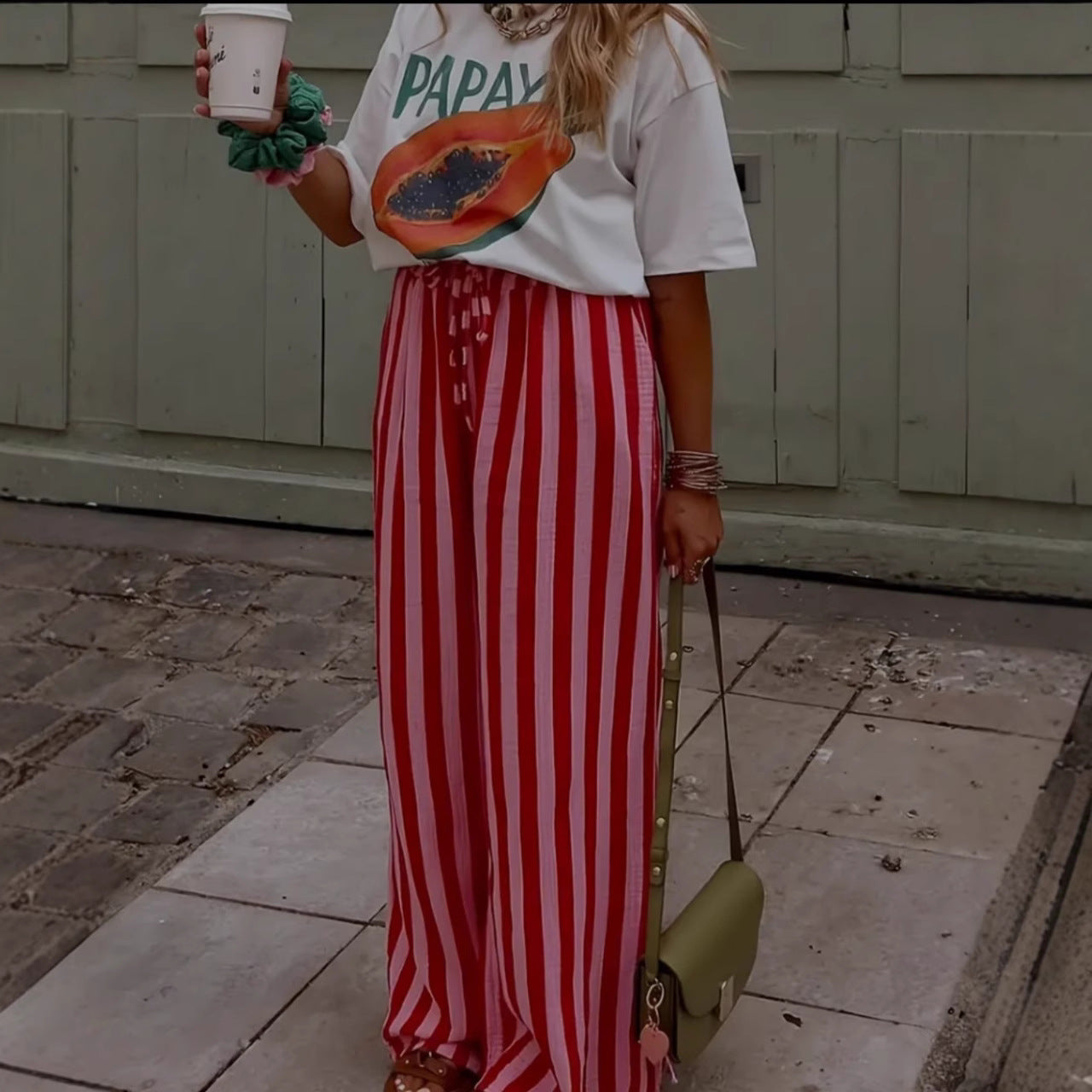 Striped Loose-fit Slimming Casual Wide-leg Floor-length Pants